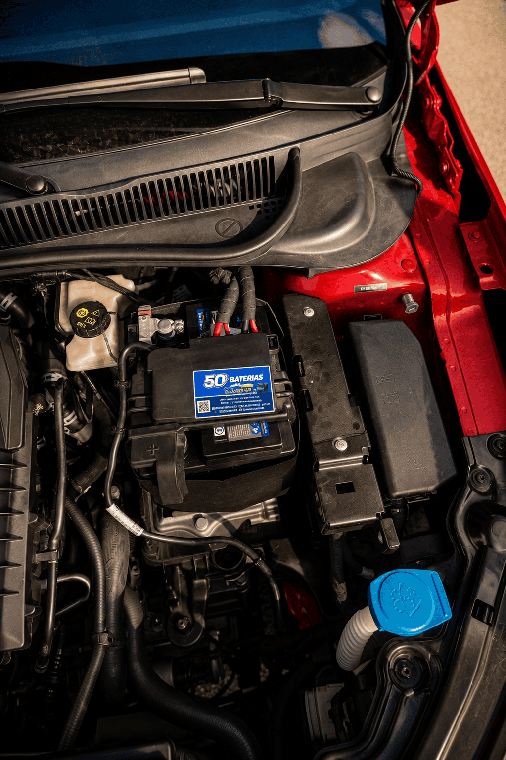 Bateria nova instalada no motor de um veículo, com adesivo de garantia da 50 Baterias